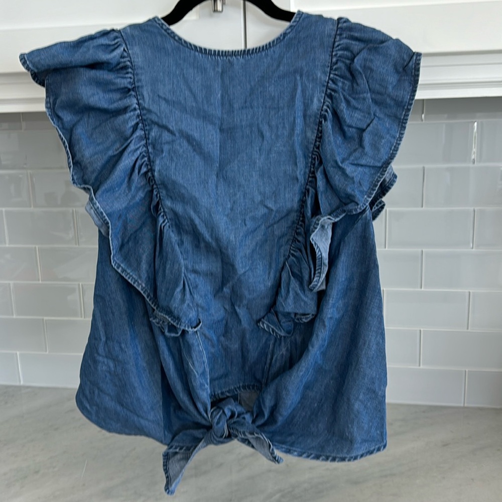 Frame Denim Blue Ruffle Tie-Back Denim Top
